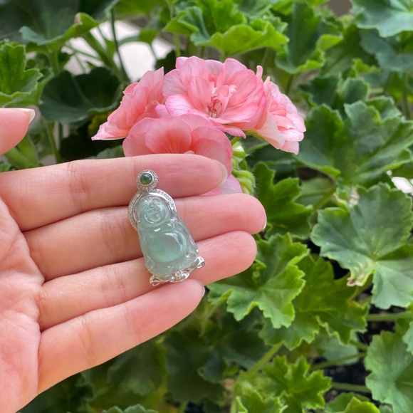 18K Jade Buddha Diamond Pendant Necklace For Women - Picture 2 of 5